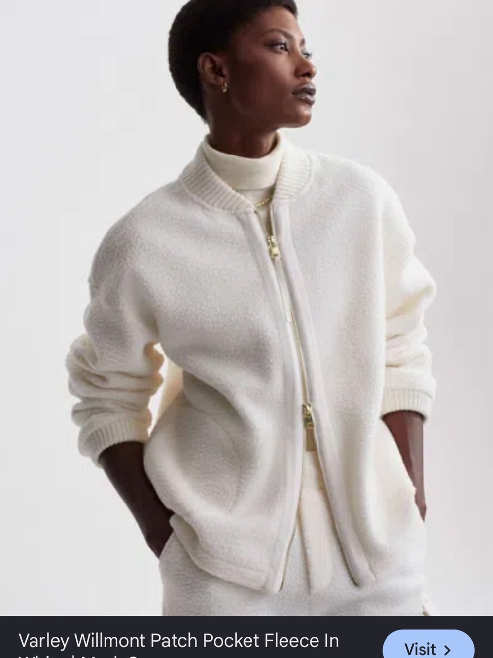 Varley Cream Zip Bomber Jacket with Gold Hardware
